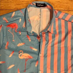 VatPave Eclectic Grandpa Flamingo & Feather Print Golf Shirt Blue & Pink Men’s M